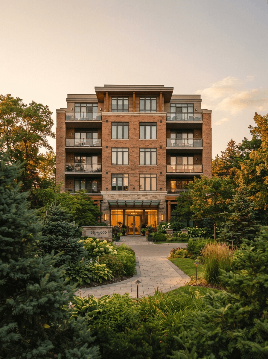Well-maintained Ontario mid-rise condominium exterior at dusk